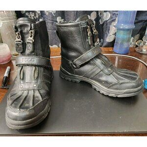 Polo Ralph Lauren Boys Conquest Hi II Black Leather Ankle Biker Boots Size 3
